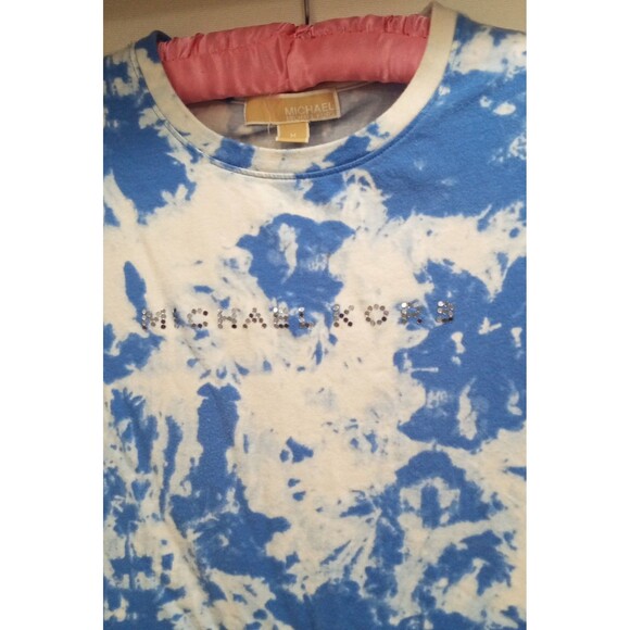 Michael Kors Women's Blue White Tie Dye Short Sleeve Silver Studded Logo M Note - Picture 3 of 6